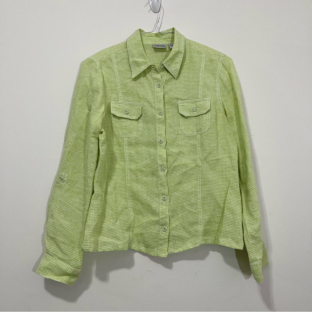 Chico's Lime Gingham 100% Linen Shirt Roll Tab Long Sleeve Button-up Sz 1 M Y2K